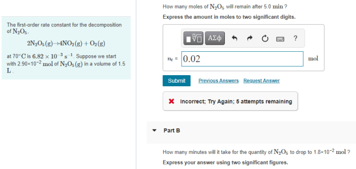 How many moles of n2o5 will remain after 7.0 min