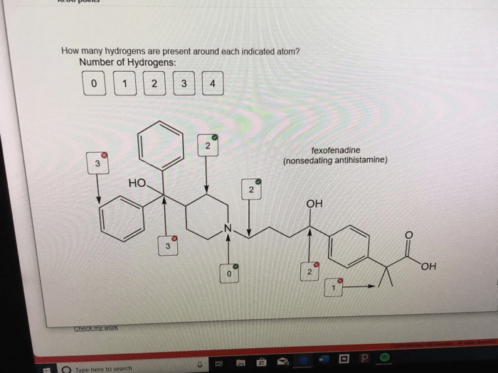 How many hydrogens are present around each indicated atom